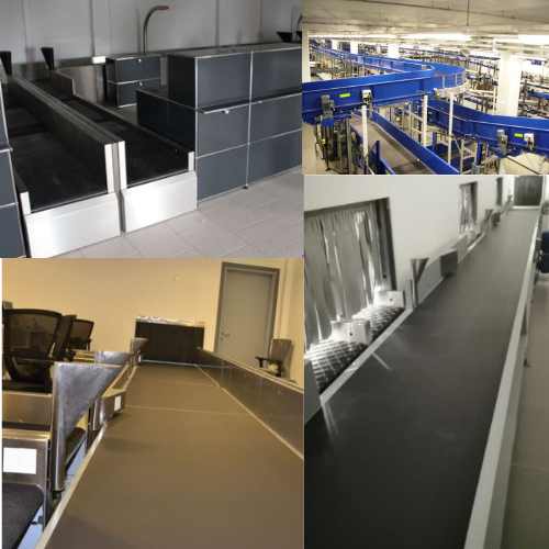 An automated baggage handling system (ABHS) featuring a network of conveyor belts, barcode scanners, and sorting machines efficiently transporting luggage within an airport.