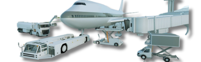 A list of various equipment used for ground handling at airports, including tractors, belt loaders, passenger stairs, and baggage carts.