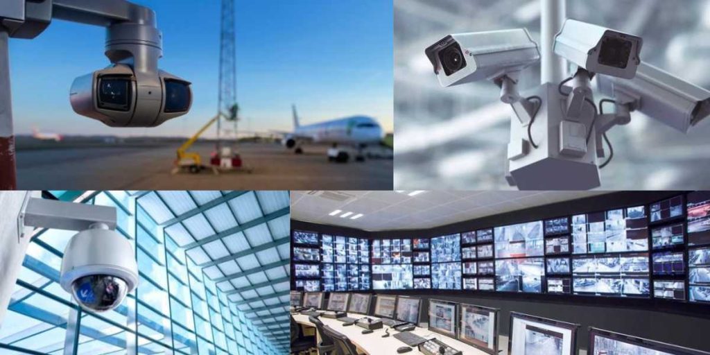 A network of security cameras monitors a busy airport terminal, enhancing safety and security for passengers and staff.