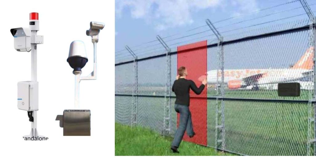 An advanced fence-mounted security system with thermal cameras and sensors safeguards the perimeter of a vast airport complex.