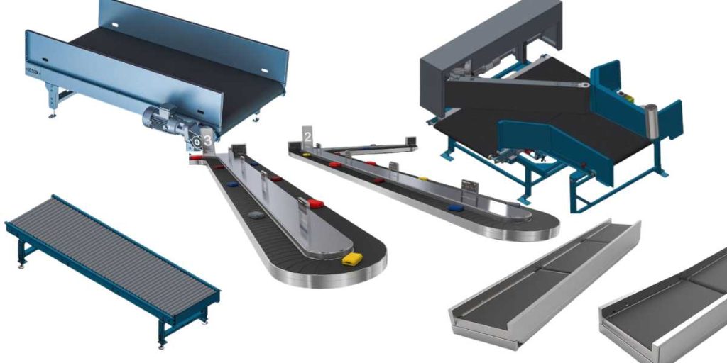 A modern Italian airport baggage handling system efficiently sorting suitcases with conveyor belts and sorting machines.