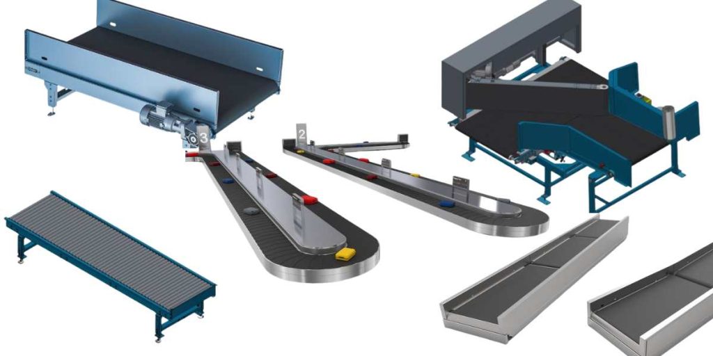 A modern airport baggage handling system with conveyor belts and sorting machines efficiently moving luggage.