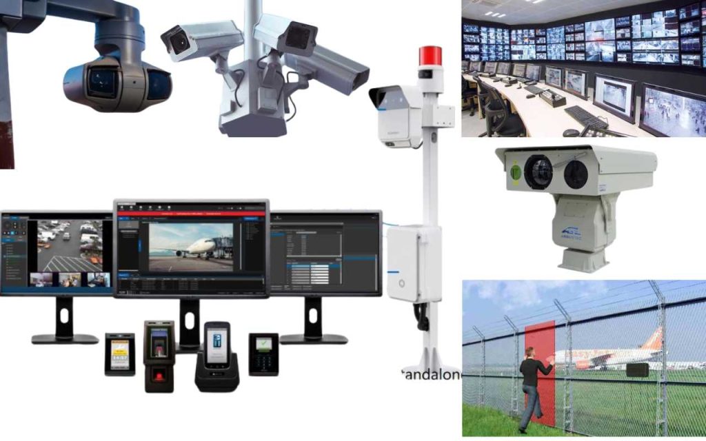 A network of high-definition security cameras monitoring a US airport terminal in 2024