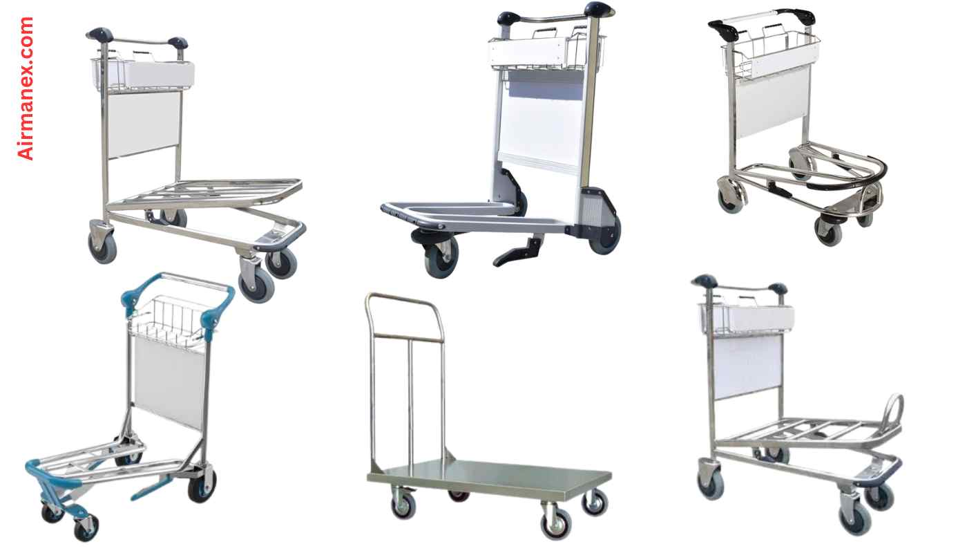 A row of sturdy, stainless steel airport luggage trolleys lined up in a modern German airport terminal. The trolleys feature ergonomic handles and multi-level platforms for easy baggage transport.