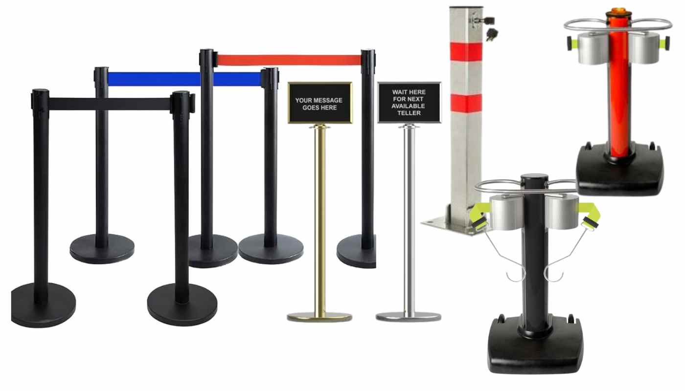 Image of red and silver retractable belt stanchions with black webbing belts, creating designated walkways and queuing areas in a busy airport terminal. Passengers with luggage navigate the organized flow.