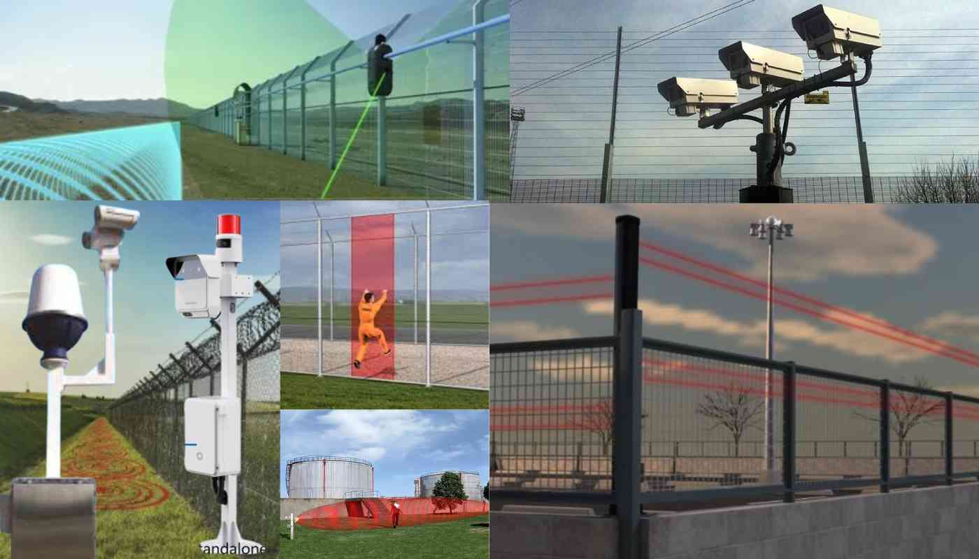 An image showcasing the layered security system protecting an Italian airport perimeter.  Visible elements include a high fence with security cameras, radar scanners mounted on poles, and a ground sensor cable.