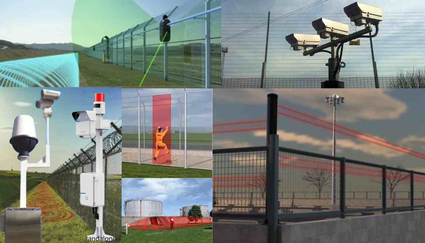 A photo of a modern airport security perimeter featuring a security fence with cameras and radar mounted on poles.