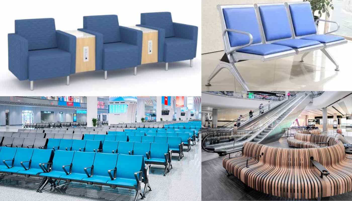 This image showcases modern airport terminal seating made in China. The chairs feature ergonomic designs, integrated charging outlets, and a sleek aesthetic, enhancing the passenger experience.