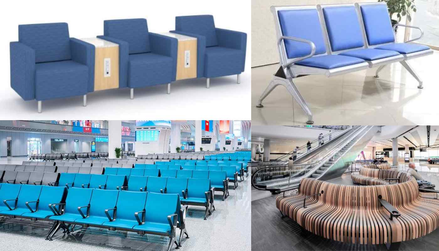 Passengers relaxing on modern, ergonomic lounge chairs and modular seating in a bright, airy Italian airport terminal.