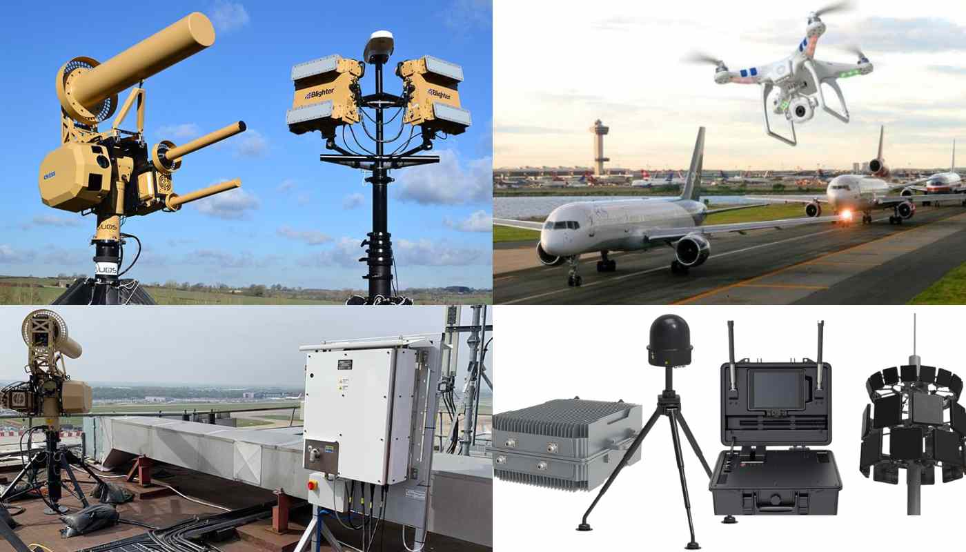 An airport security system with radar antennas scanning the sky for unauthorized drones. This system uses advanced technology to protect airplanes and passengers from potential drone threats.