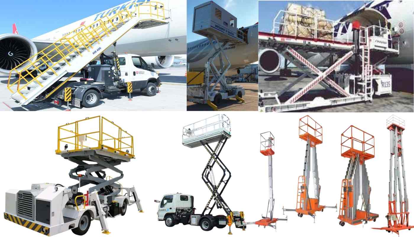 A yellow scissor lift platform with two maintenance workers wearing safety gear inspecting the underbelly of a large passenger airplane at a busy US airport terminal.