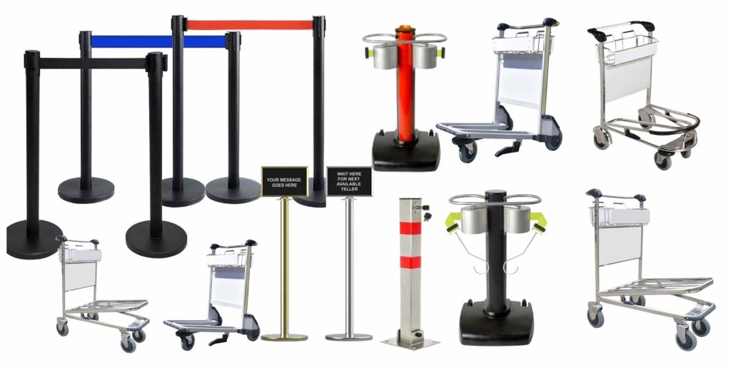 Airport security barrier stanchion and luggage trolley